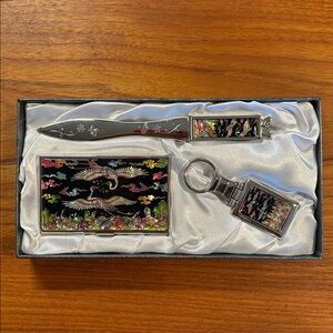Lacquer/Mother-of-Pearl Business Card Holder, Keychain & Letter Opener Boxed Set